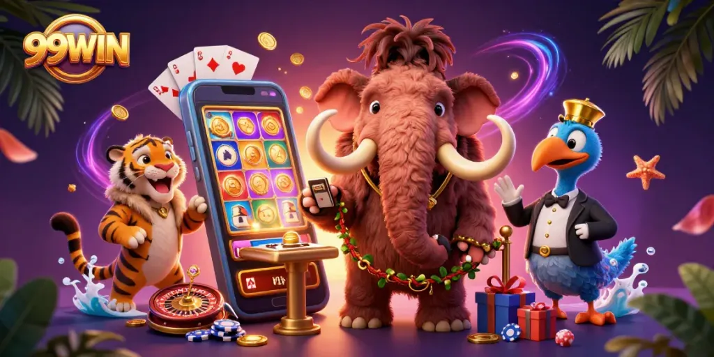 Experience the thrill of 99WIN with a vibrant casino bouncer scene featuring wild characters and exciting games.