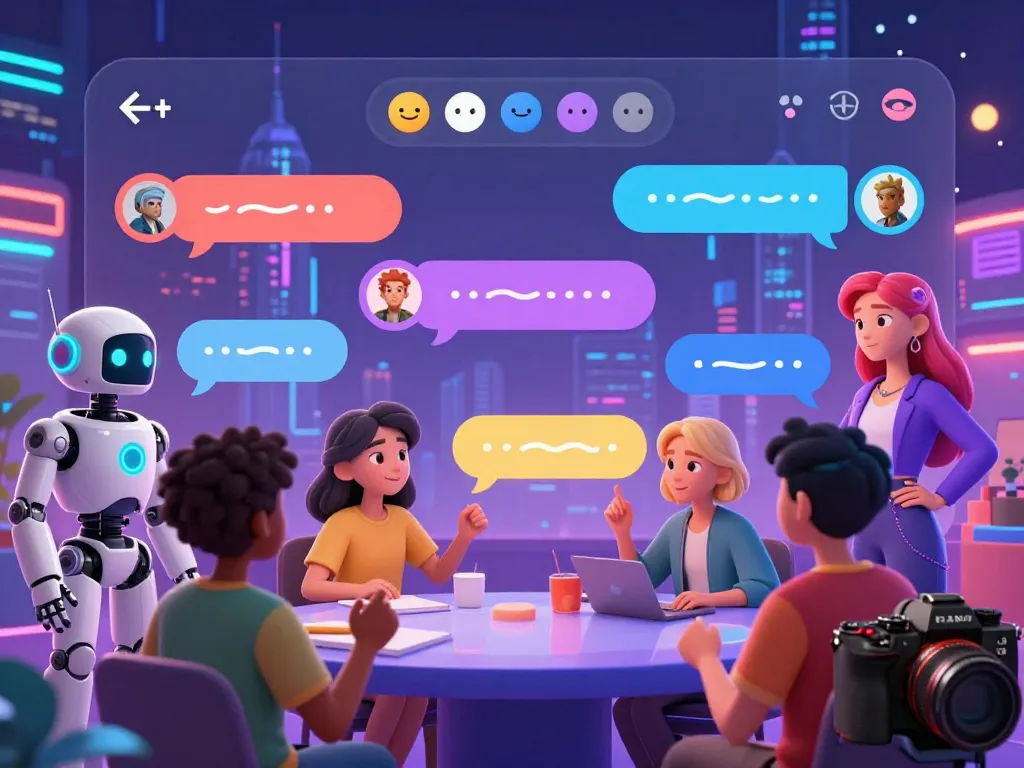 Engaging chat scene featuring diverse 18+ AI characters in a futuristic digital environment.
