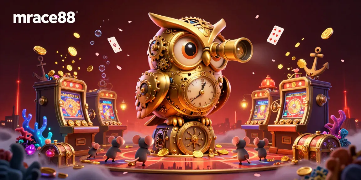 Spin the reels of fortune at mrace88's vibrant online casino with golden owl and whimsical characters.