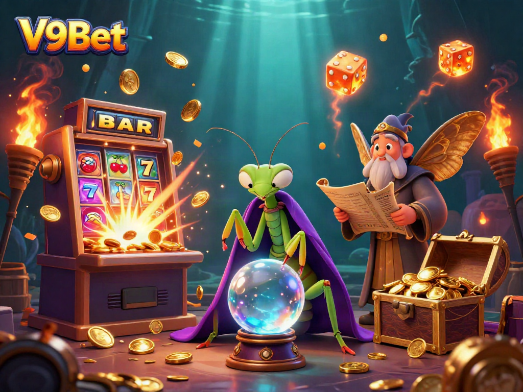 Experience the excitement of V9Bet in this vibrant casino illustration featuring colorful slots, dice, and fortune tellers.