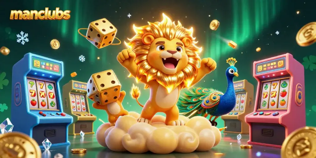 Experience the thrill of manclubs as the roaring sun lion and colorful casino elements create a vibrant gaming scene.