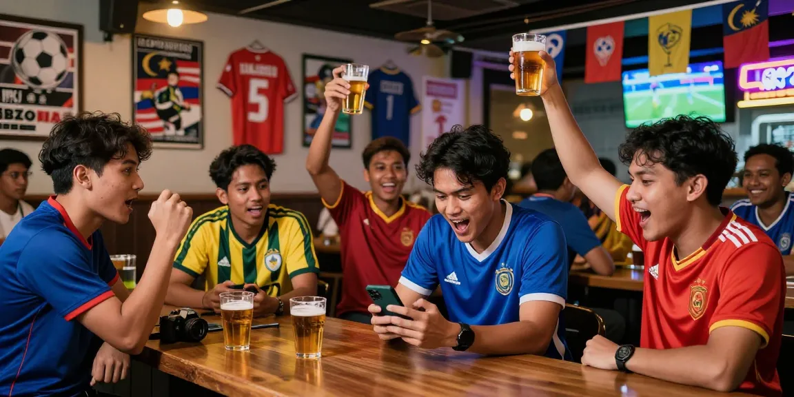 Football Betting Malaysia scene with fans celebrating at a sports bar, checking live odds and enjoying the match atmosphere.