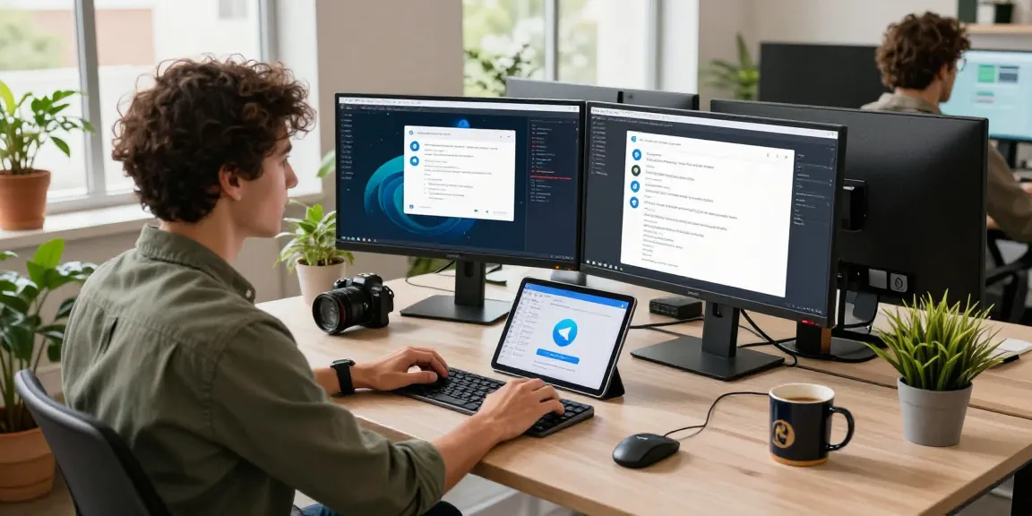 Dynamic workspace showcasing Telegram下载 on multiple screens, highlighting a developer's environment.