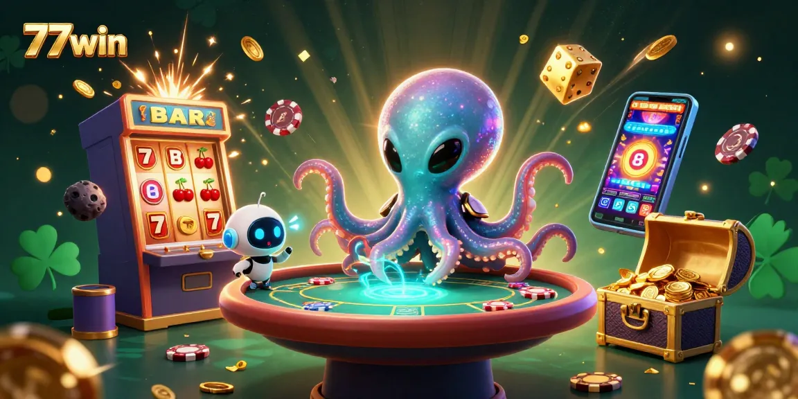 Experience thrilling action at 77win with an exciting 3D casino scene featuring alien characters and slot machines.