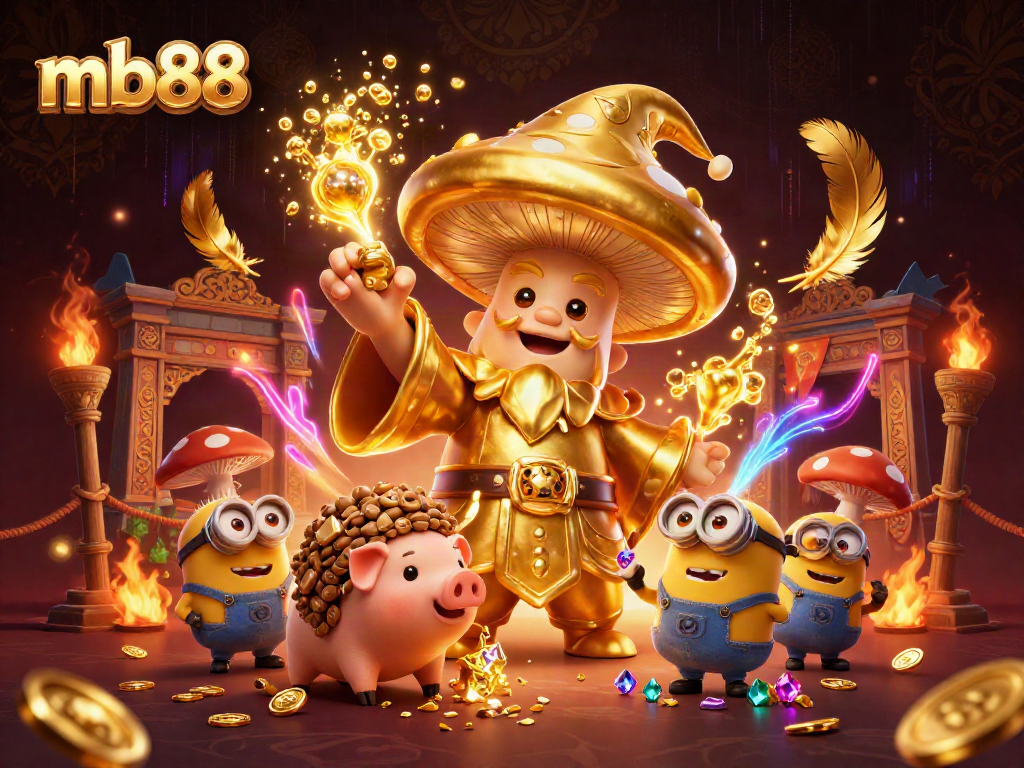 Engage with mb88 in a dynamic casino scene featuring a magical golden wizard and treasure-hunting pig.