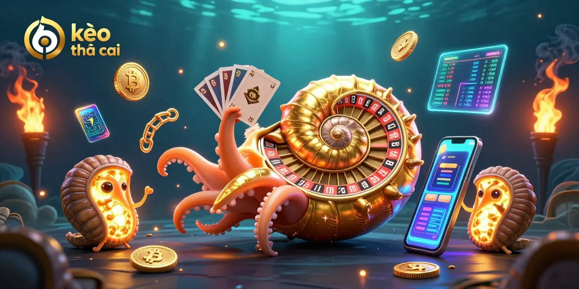 Bet on kèo nhà cái with a vibrant 3D illustration featuring a giant nautilus roulette wheel.
