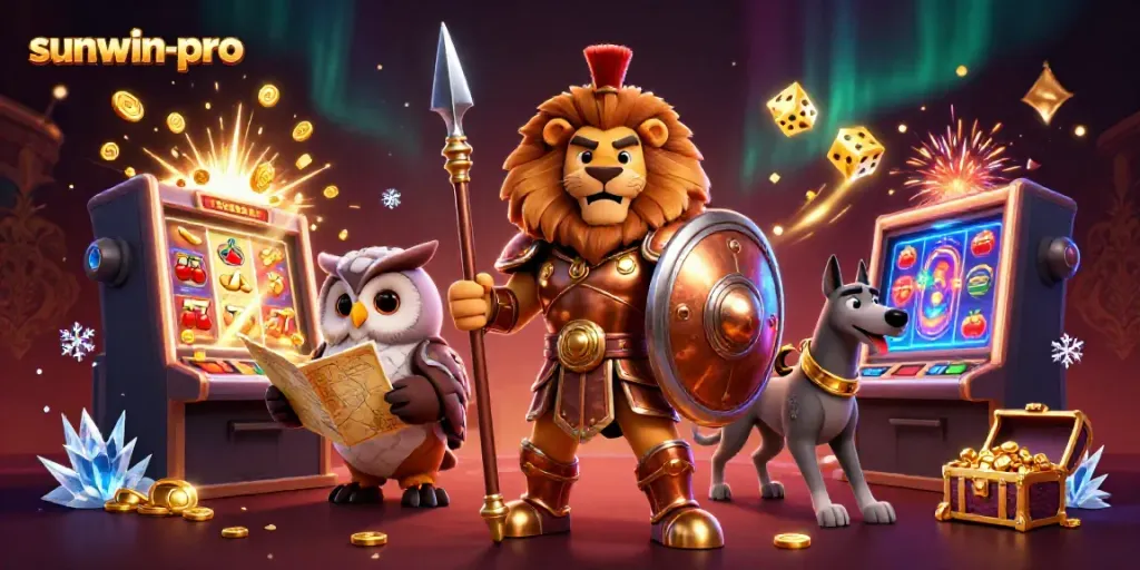 Engaging sunwin-pro casino art with a Spartan lion, owl, and greyhound amidst gaming excitement.