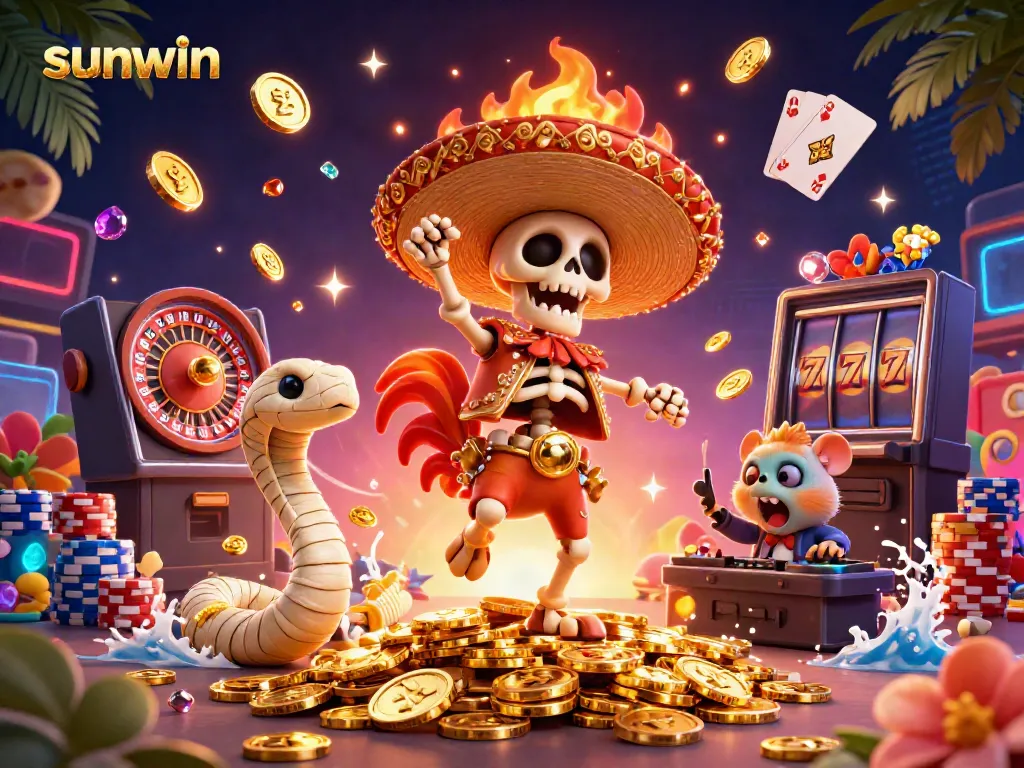 Experience thrilling gaming at Sunwin with exciting characters celebrating wins among gold coins.