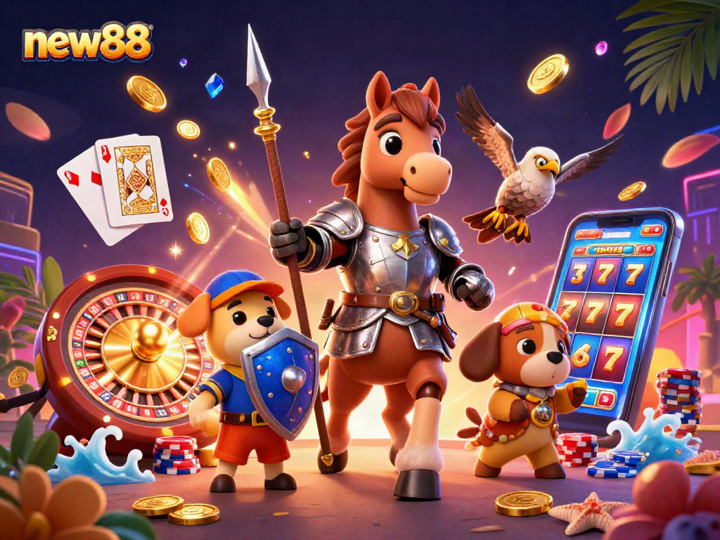 Spin the reels with new88, featuring knights and gold coins in an epic casino scene.