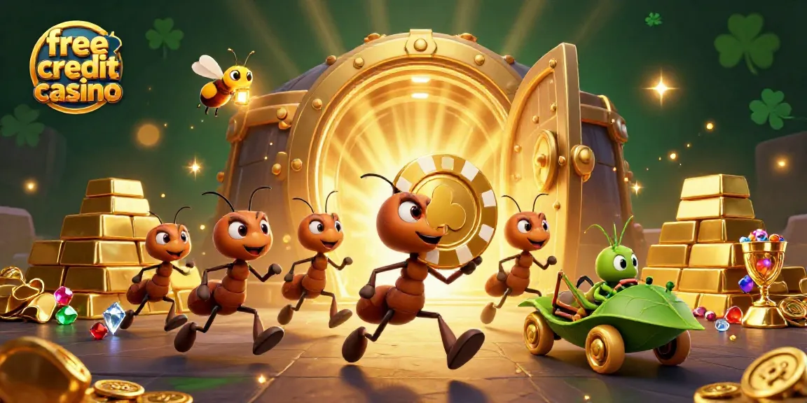 Experience adventures in free credit casino with a heist by playful ants amidst a treasure-filled scene.