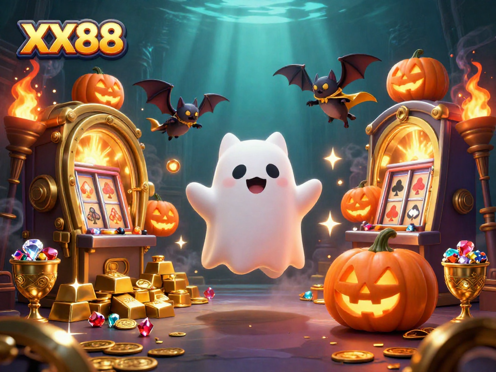 Experience thrilling gameplay at XX88 with ghostly characters floating through a vibrant haunted casino.