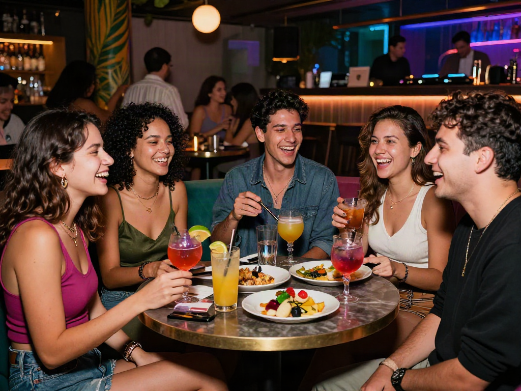 Friends at a trendy lounge enjoying rokok88 cocktails and vibrant atmosphere