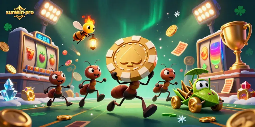 Experience the thrill of sunwin-pro with a cartoon heist of ants carrying a golden poker chip.