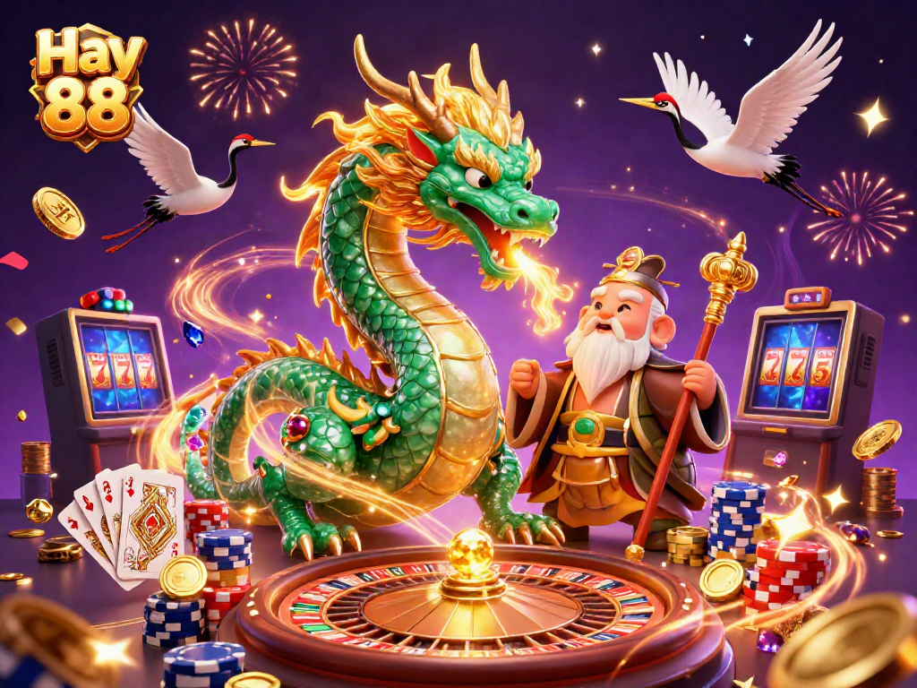 Experience the thrill of Hay 88 with a spectacular 3D gaming illustration, featuring dragons, cards, and coins.
