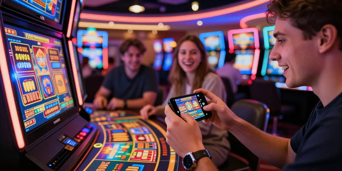Excited player immersed in Winbox mobile casino games, vibrant atmosphere with slot graphics and bright lights