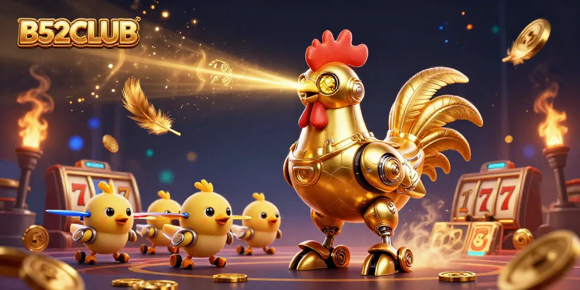 Experience thrilling gameplay with B52CLUB's iconic golden rooster robot in a lively casino setting.
