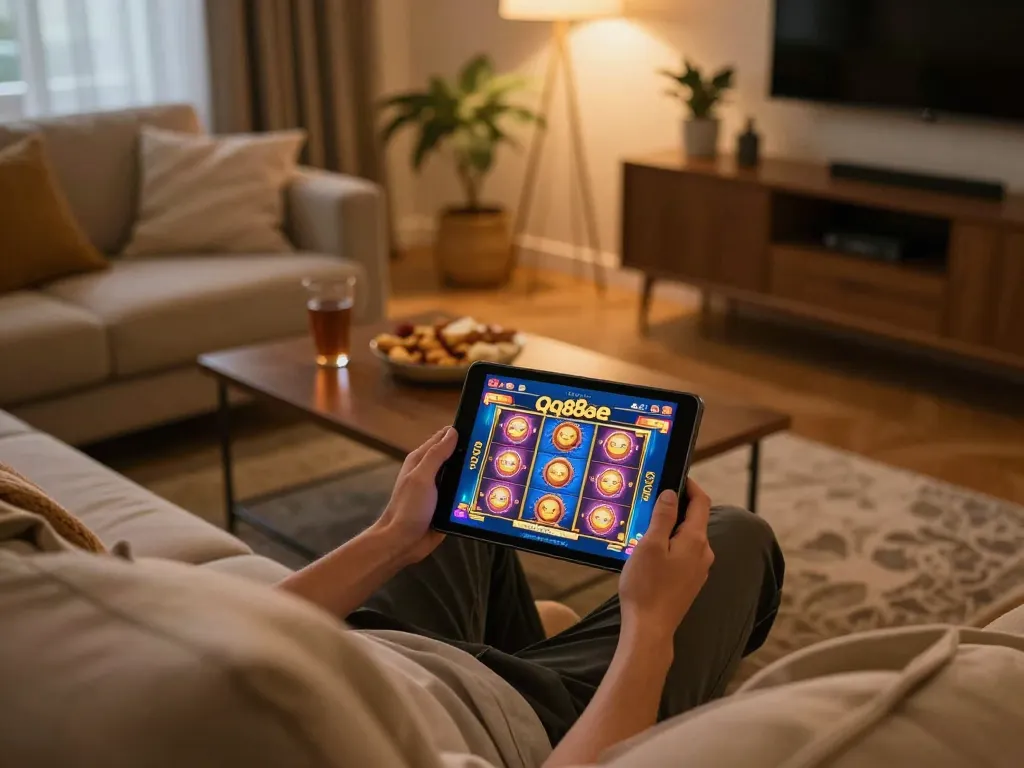 Engaging online casino experience with qq88ae on tablet in a cozy living room.