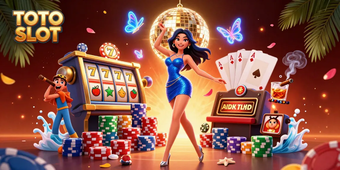 TOTO SLOT showcases a glamorous dancer amidst vibrant 3D slot reels and poker chips, elevating the gaming atmosphere.