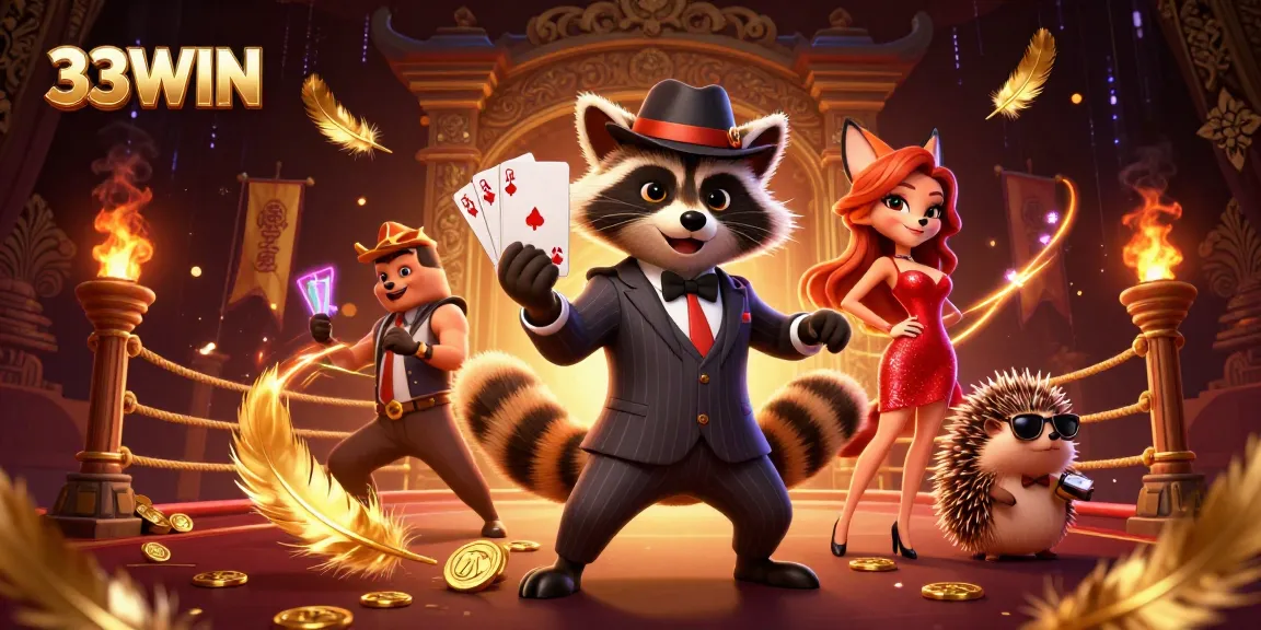 Engaging scene at 33WIN casino showcasing a raccoon in a pinstripe suit holding a royal flush amidst vibrant gambling elements.