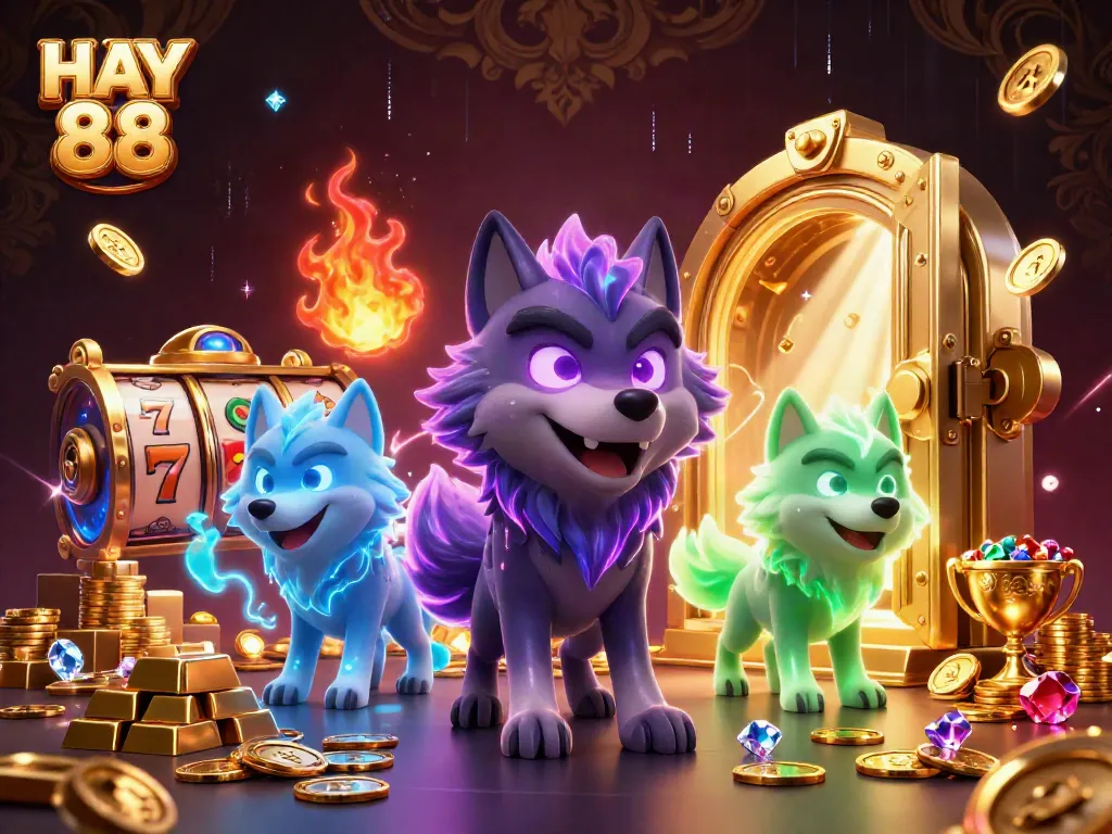 Experience HAY 88's thrilling gameplay with 3D glowing wolves surrounded by treasure and vibrant casino elements.