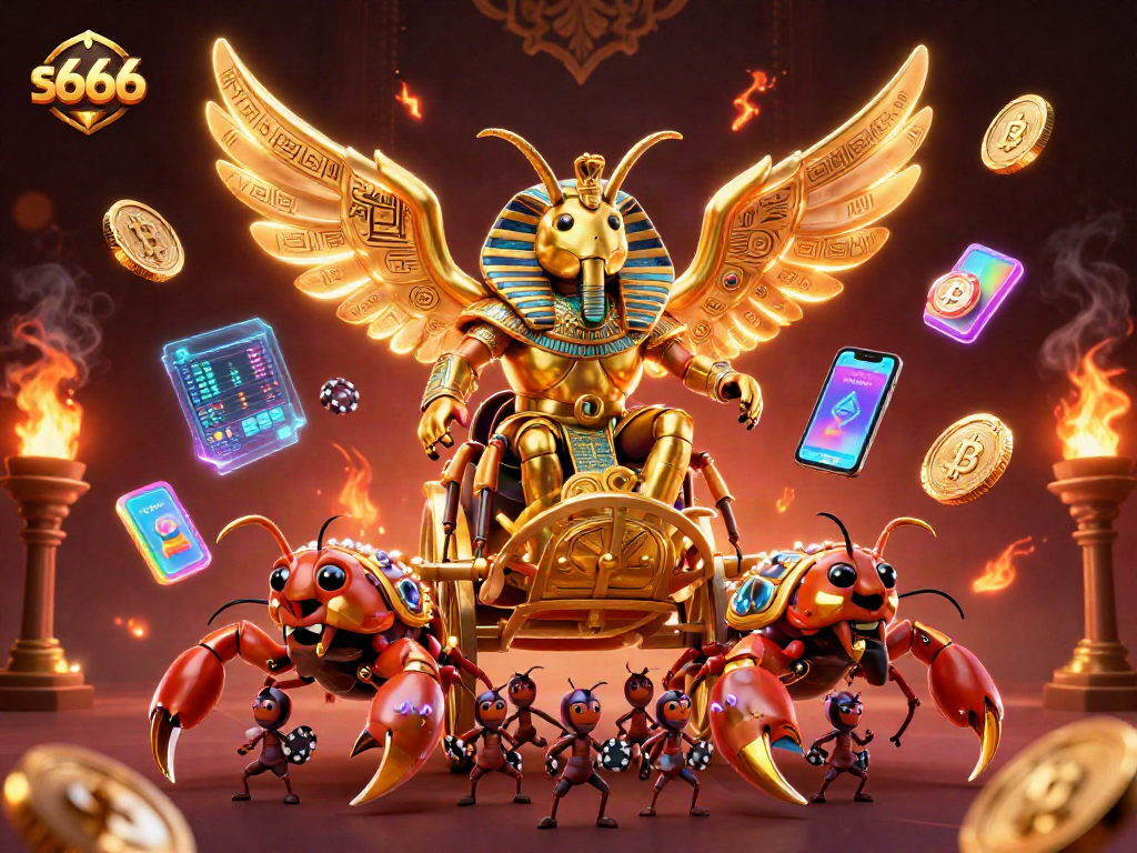 s666 creates excitement in a casino scene with a golden scarab, scorpions, and poker chips.