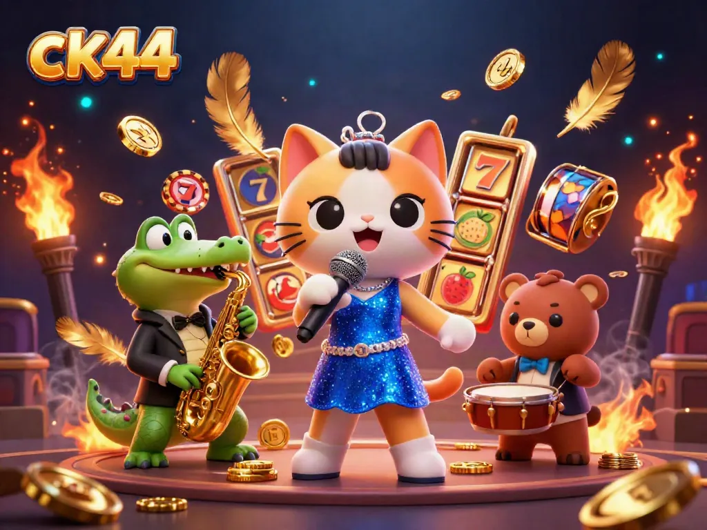 Immerse in ck44's vibrant casino atmosphere with lively characters and slot game elements.