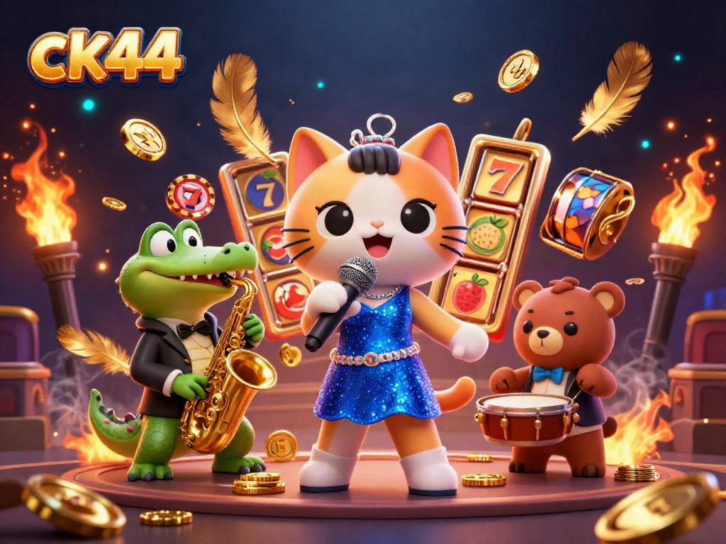 Immerse in ck44's vibrant casino atmosphere with lively characters and slot game elements.