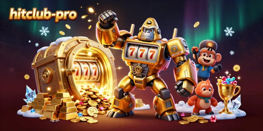 Engage with hitclub-pro's exciting slots through an ultra-detailed 3D illustration of a golden mech.