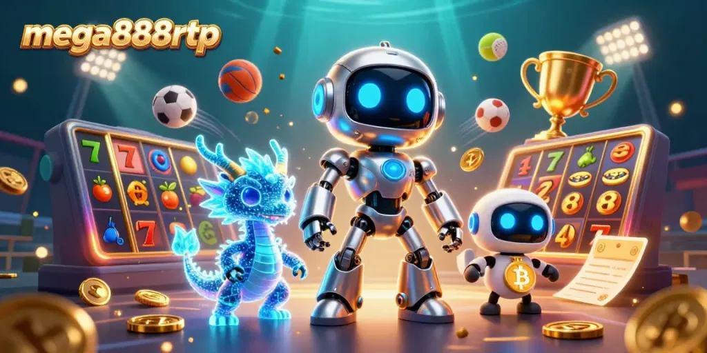 Engage with mega888rtp's vibrant world featuring a cyberpunk robot and holographic dragon in an action-packed casino scene