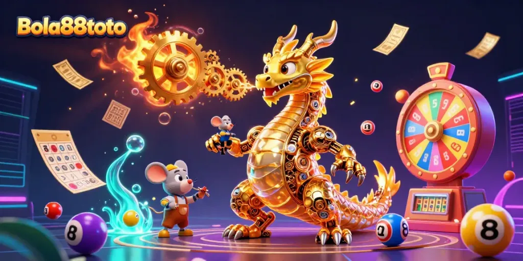 Experience the excitement of Bola88toto with dynamic lottery elements and a thrilling golden dragon theme.