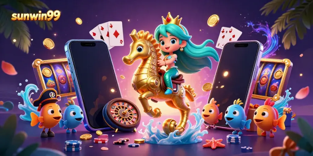Win big at sunwin99 with a captivating 3D underwater casino adventure illustration featuring thrilling game elements.