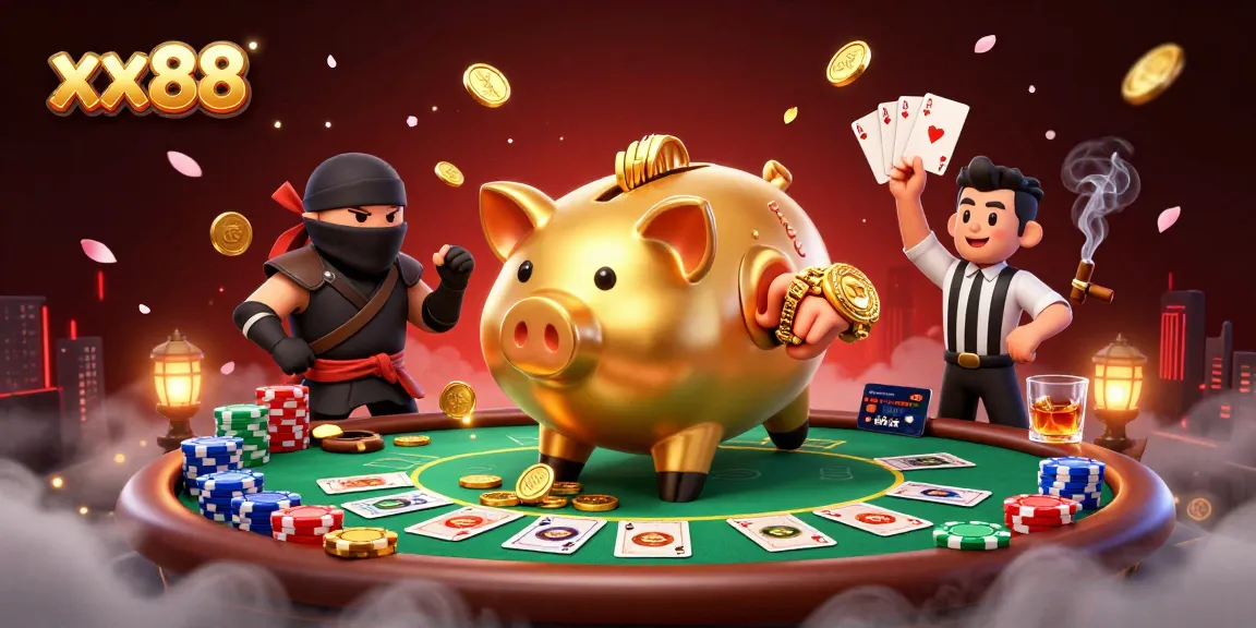 Experience excitement at xx88 with 3D cartoon characters amidst a vibrant casino scene featuring poker elements.