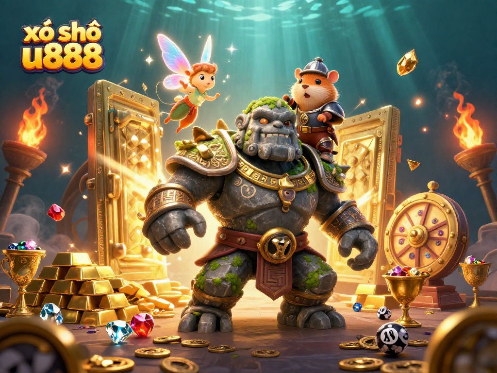 Play xổ số u888 with ancient guardians and magical companions in a vibrant casino scene.