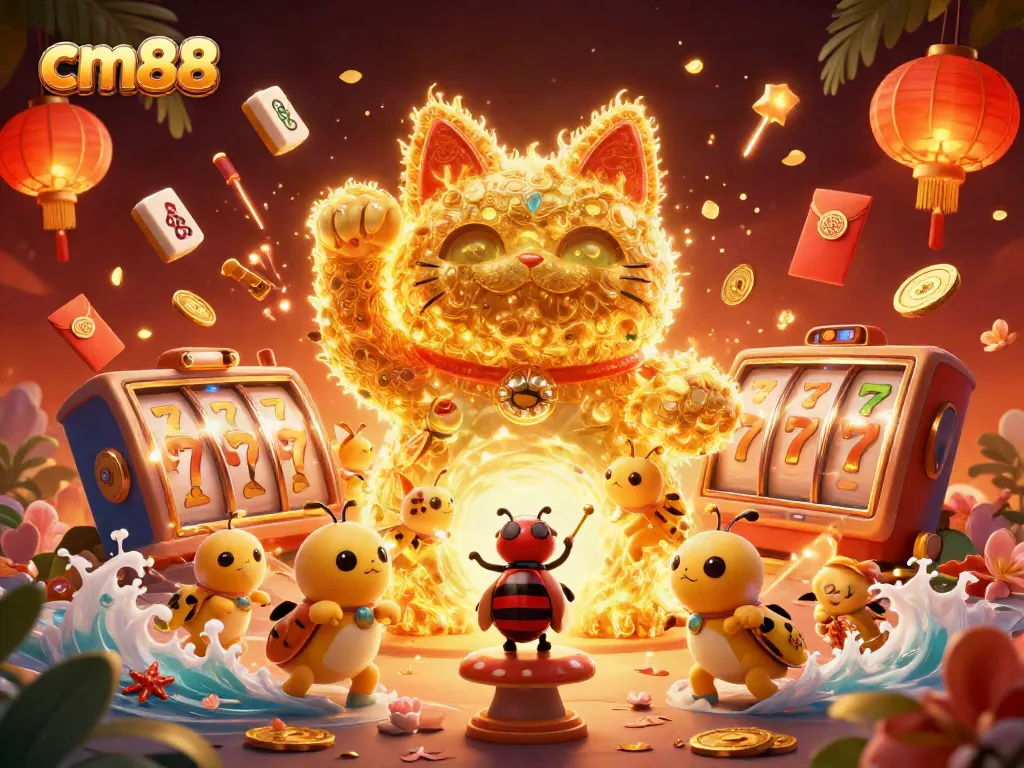 Engage with cm88 strategies featuring a lucky cat, slots, and festive casino elements.