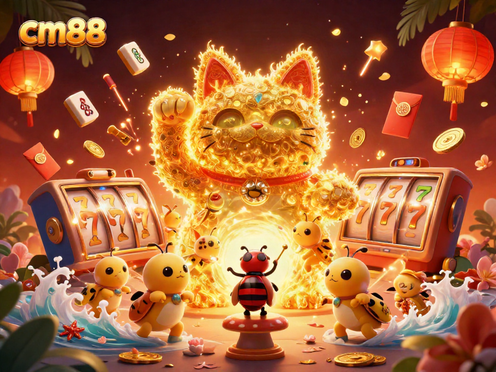 Engage with cm88 strategies featuring a lucky cat, slots, and festive casino elements.