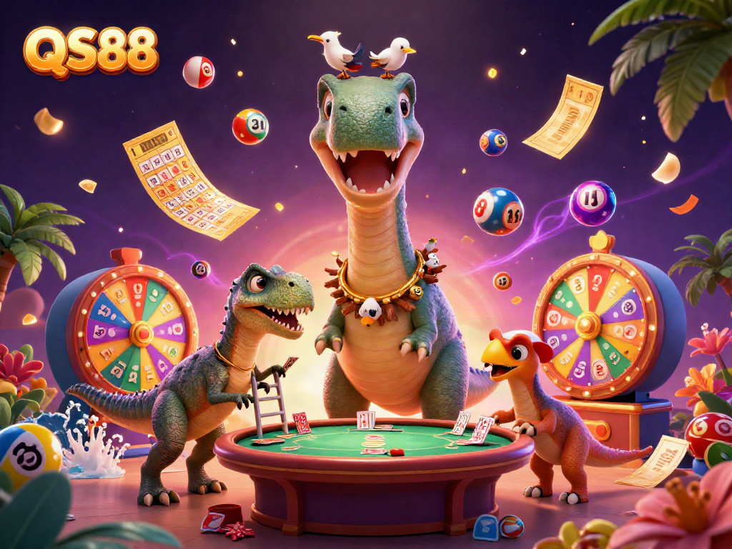 Experience excitement at QS88 with a vibrant brontosaurus and raptor delivering casino thrills.