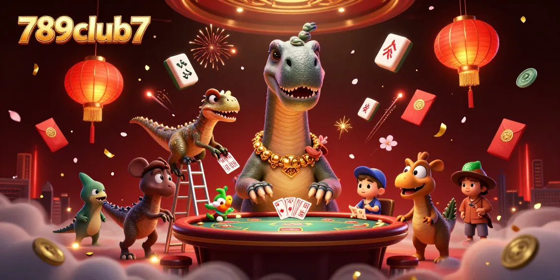 Engage with interactive gaming at 789club7, where a massive dinosaur entertains players at a unique poker table.