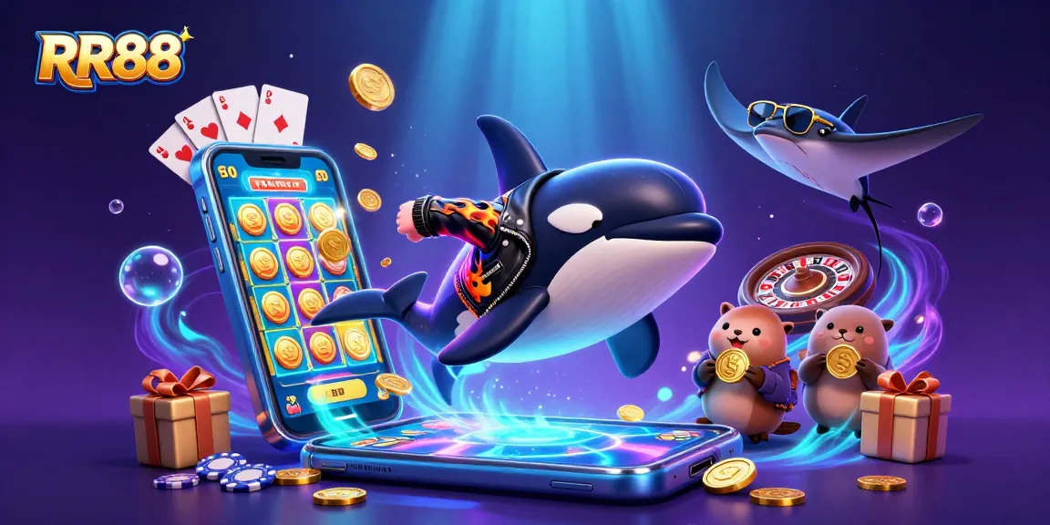 Experience thrilling gameplay with RR88 as a colorful 3D underwater casino scene bursts with golden coins and dynamic characters!