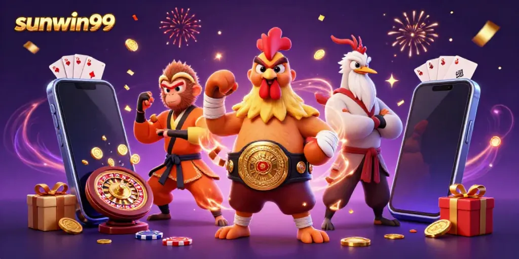 Engaging scene showcasing sunwin99 with dynamic characters and vibrant casino elements for online gambling.