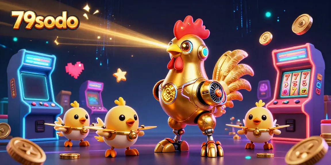 Engage in thrilling 79sodo casino games with a futuristic rooster robot and vibrant arcade machines.
