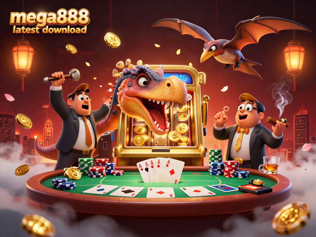 Experience the thrill of mega888 latest download with a cartoon dinosaur triggering a jackpot, showcasing vibrant casino elements.