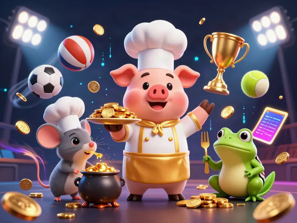 EE88 presents a vibrant scene with a chef pig serving gold coins amidst sports-themed elements.