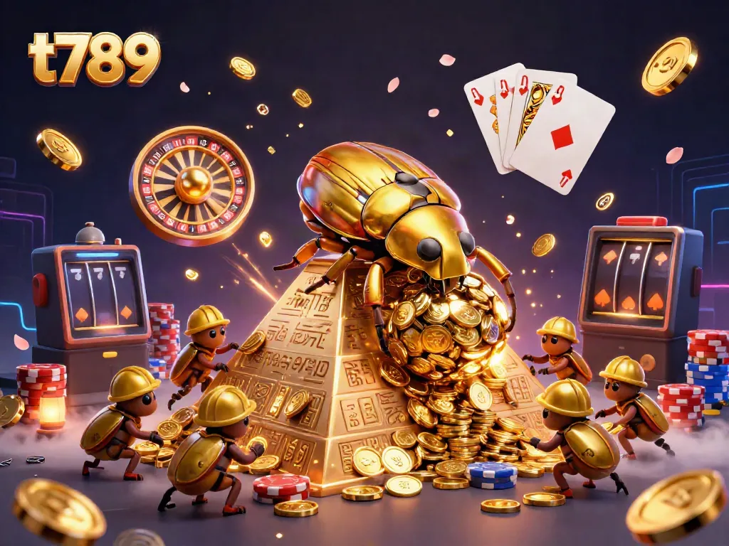T789 illustrates a golden beetle pushing a coin ball in a vibrant casino scene with neon accents.