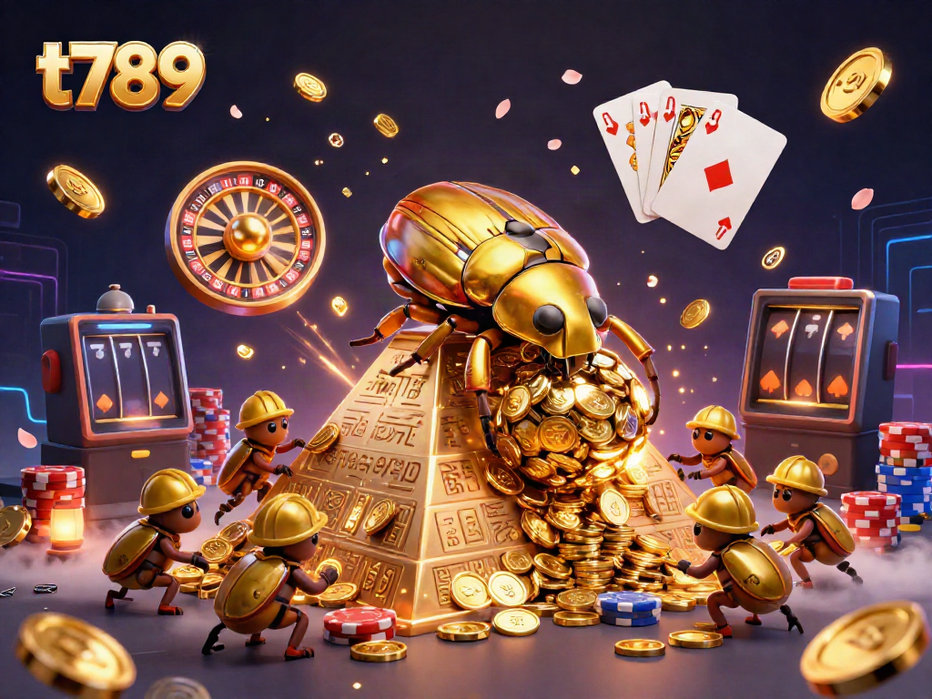 T789 illustrates a golden beetle pushing a coin ball in a vibrant casino scene with neon accents.