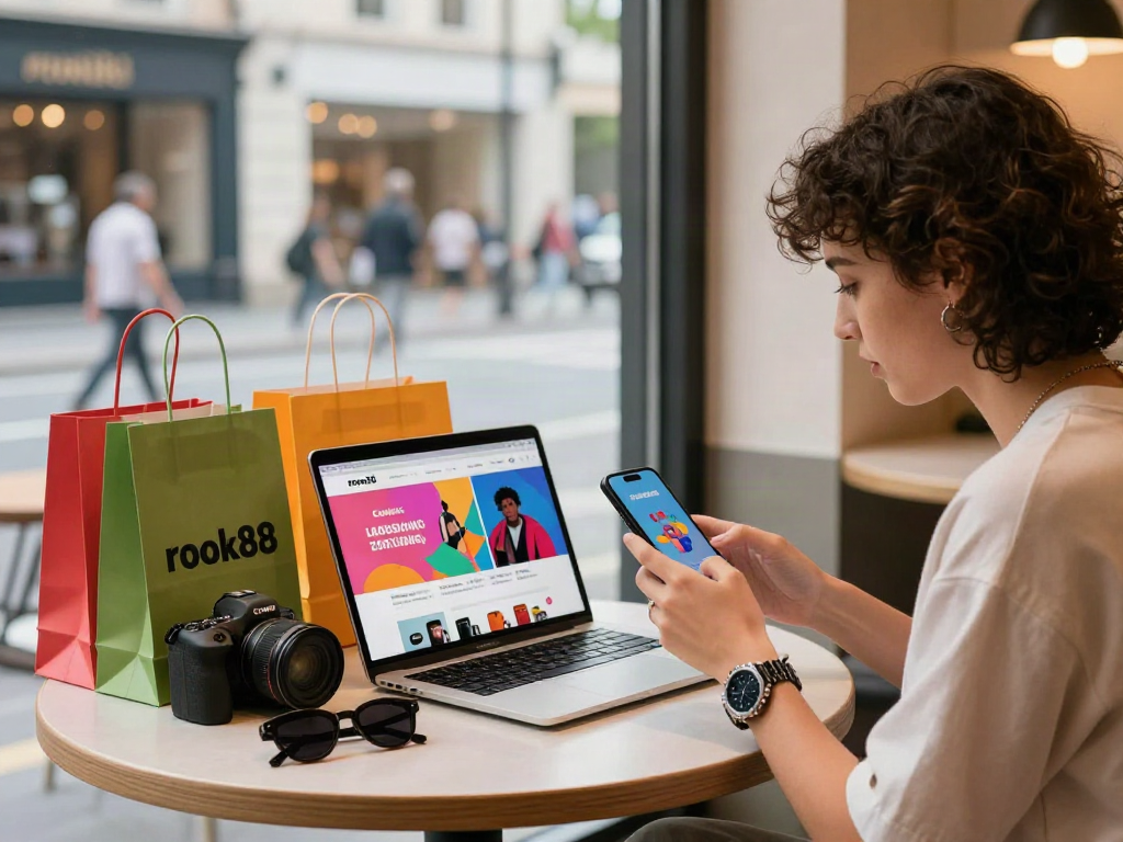 Exploring rokok88 shopping online at a trendy café with stylish accessories.