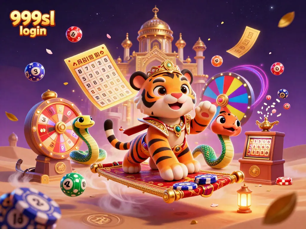 Experience the thrill of gaming with 999sl login, featuring vibrant casino elements like a tiger sultan and colorful lottery balls.