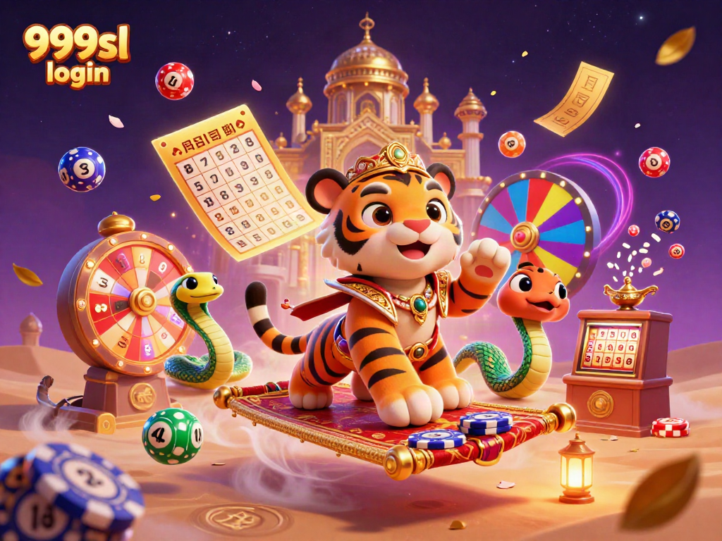 Experience the thrill of gaming with 999sl login, featuring vibrant casino elements like a tiger sultan and colorful lottery balls.
