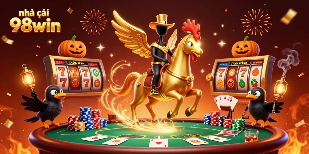 Experience the thrill of Nhà cái 98win with a lively casino scene featuring colorful slot elements and dynamic characters.