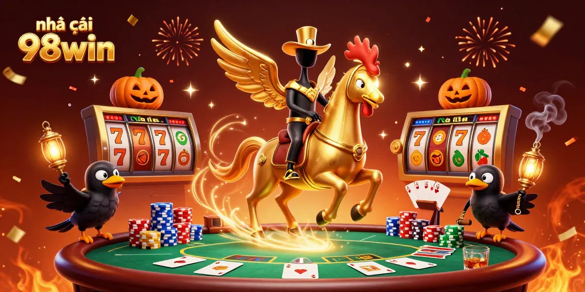 Experience the thrill of Nhà cái 98win with a lively casino scene featuring colorful slot elements and dynamic characters.