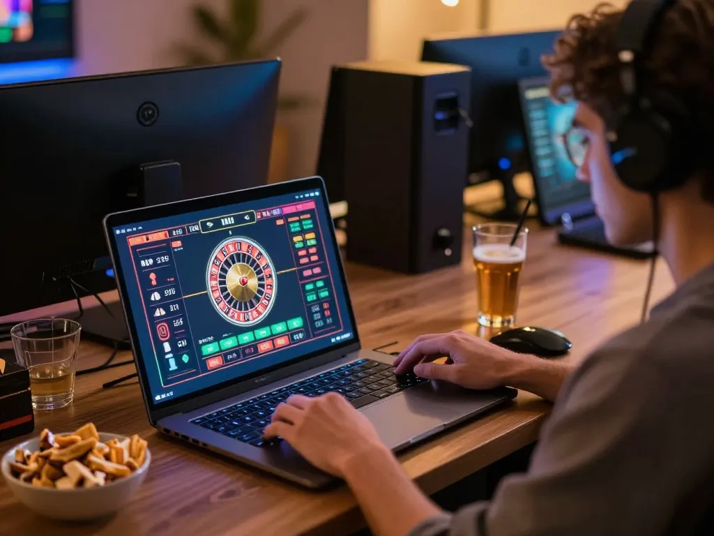 llwin online gaming setup with a player engaging in roulette strategy at home